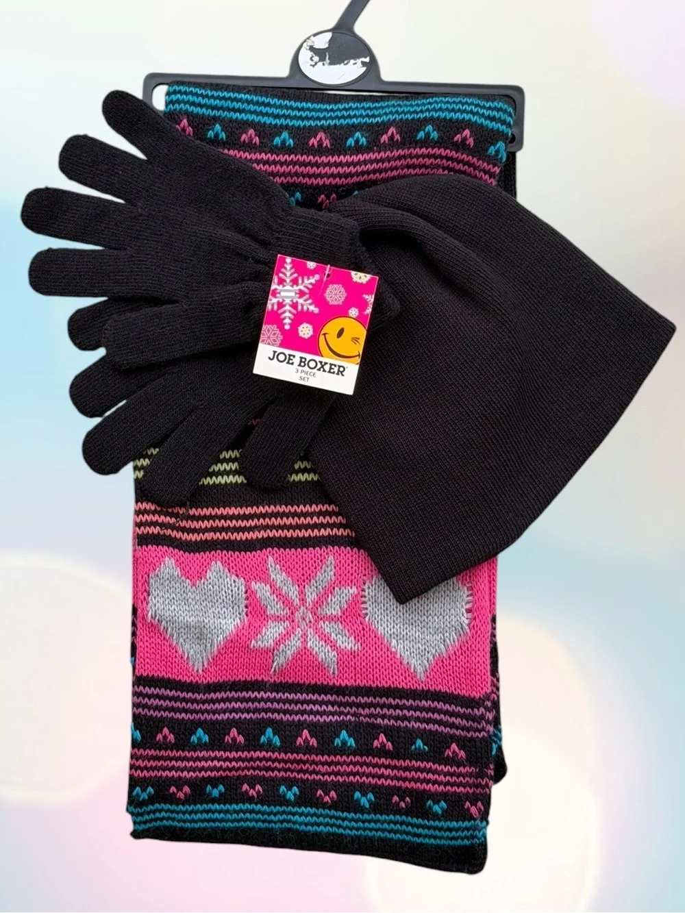Joe Boxer Hearts and Snowflake Design Hat, Scarf, Gloves Set ~ 3-Piece